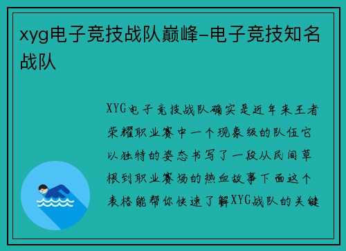 xyg电子竞技战队巅峰-电子竞技知名战队